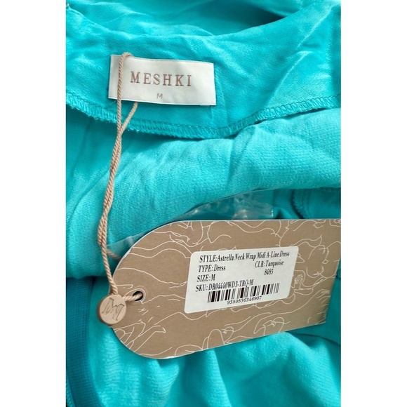 NWT Meshki Dress Womens Size M Turquoise Blue One-Shoulder Halter Midi Satin - Picture 13 of 13